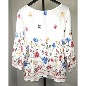 Ana & Rose XL Embroidered Floral Boho Peasant Top White Cottagecore Blouse